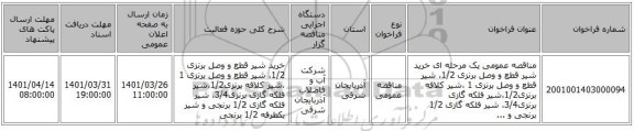 مناقصه، مناقصه عمومی یک مرحله ای خرید شیر قطع و وصل برنزی 1/2، شیر قطع و وصل برنزی 1 ،شیر کلافه برنزی1/2،شیر فلکه گازی برنزی3/4، شیر فلکه گازی 1/2 برنجی و ...