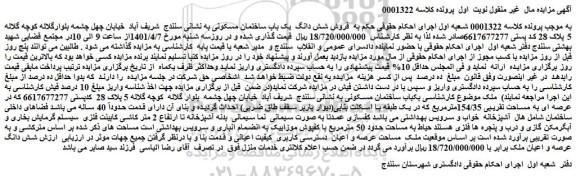 مزایده فروش شش دانگ یک باب ساختمان مسکونی