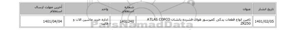 تامین انواع قطعات یدکی کمپرسور هوای فشرده بانشان ATLAS COPCO ZR250