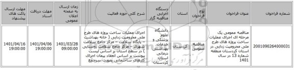 مناقصه، مناقصه عمومی یک مرحله ای اجرای عملیات ساخت پروژه های طرح ملی محرومیت زدایی در استان کردستان منطقه شماره 13 در سال 1401