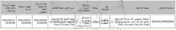 مناقصه، مناقصه عمومی یک مرحله ای پروژه تکمیل فاز یک چمن مصنوعی مینی فوتبال قره بوته شهرستان زنجان