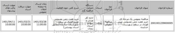 مناقصه، مناقصه عمومی یک مرحله ای خرید هفت چمن مصنوعی مینی فوتبال در سطح شهرستان خدابنده