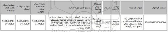 مناقصه، مناقصه عمومی یک مرحله ای بهسازی و پیاده رو سازی معابر سطح شهر کومله