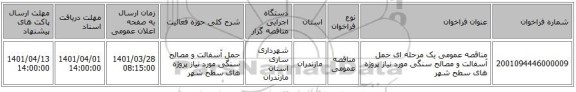 مناقصه، مناقصه عمومی یک مرحله ای حمل آسفالت و مصالح سنگی مورد نیاز پروژه های سطح شهر