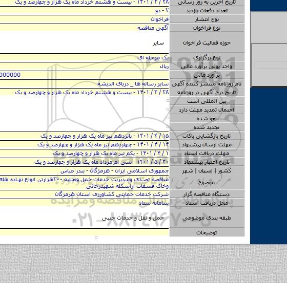 مناقصه, مناقصه تصدی ومدیریت خدمات حمل وتخلیه ۲۰۰هزارتن انواع نهاده های کشاورزی وخاک فسفات ازاسکله شهیدرجائی