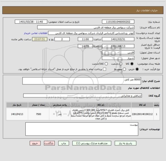 استعلام 8000 متر کابل