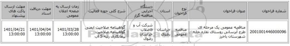مناقصه، مناقصه عمومی یک مرحله ای طرح آبرسانی  روستای  نقاره خانه شهرستان باخرز