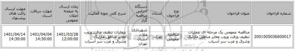 مناقصه، مناقصه عمومی یک مرحله ای عملیات  تنظیف ورفت وروب معابر مناطق مارلیک وشرق و غرب سر آسیاب