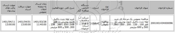 مناقصه، مناقصه عمومی یک مرحله ای خرید لوله چدن داکتیل تایتون پوشش دار قطر  100 ، 150 ، 200 ، 250 ، 300، 500  و 600 میلیمتر