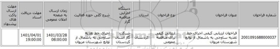 مناقصه، فراخوان ارزیابی کیفی اجرای خط تغذیه ساوجی به باشماق از توابع شهرستان مریوان