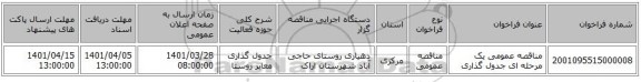 مناقصه، مناقصه عمومی یک مرحله ای جدول گذاری