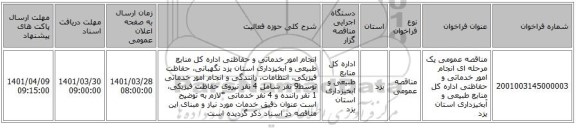 مناقصه، مناقصه عمومی یک مرحله ای انجام امور خدماتی و حفاظتی اداره کل منابع طبیعی و آبخیزداری استان یزد