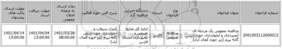 مناقصه، مناقصه عمومی یک مرحله ای آبخیزداری و آبخوانداری حوزه شش گانه بیرم (زیر حوزه کمال آباد)
