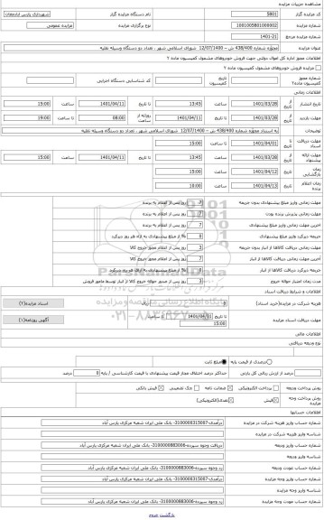 مزایده ، به استناد مجوّزه شماره 438/400 ش – 12/07/1400 شورای اسلامی شهر ، تعداد 1دستگاه وسیله نقلیه