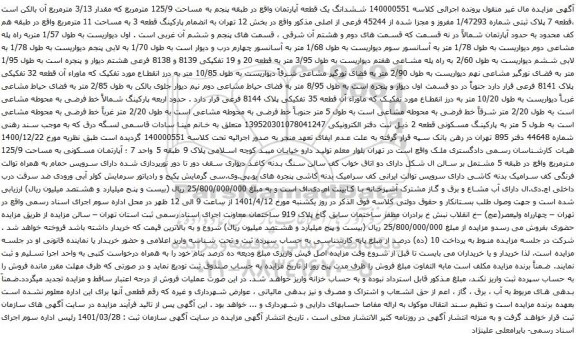 آگهی مزایده ششدانگ یک قطعه آپارتمان واقع در طبقه پنجم به مساحت 125/9 مترمربع که مقدار 3/13 مترمربع