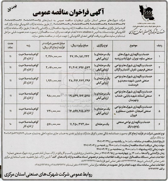 مناقصه خدمات و نگهداری شهرکها....