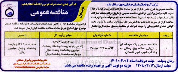 مناقصه برق رسانی به چاه آب شرب شهر 