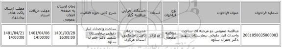 مناقصه، مناقصه عمومی دو مرحله ای ساخت واحداث انبار داروئی بیمارستان شهید دکتر چمران ساوه