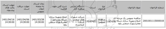 مناقصه، مناقصه عمومی یک مرحله ای اصلاح وبهینه سازی شبکه روشنایی معابرشهرک صنعتی پاوه