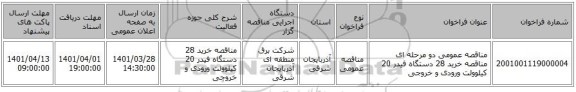مناقصه، مناقصه عمومی دو مرحله ای مناقصه خرید 28 دستگاه فیدر 20 کیلوولت ورودی و خروجی
