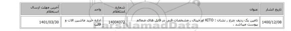 تامین یک ردیف چرخ , نشان : KITO اورجینال , مشخصات فنی در فایل های ضمائم پیوست میباشد .