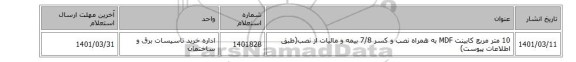 10 متر مربع کابینت MDF به همراه نصب و کسر 7/8 بیمه و مالیات از نصب(طبق اطلاعات پیوست)