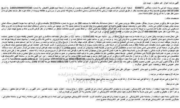 مزایده فروش ششدانگ یک قطعه به مساحت 180 متر مربع به شماره ملک20/129 باقیمانده