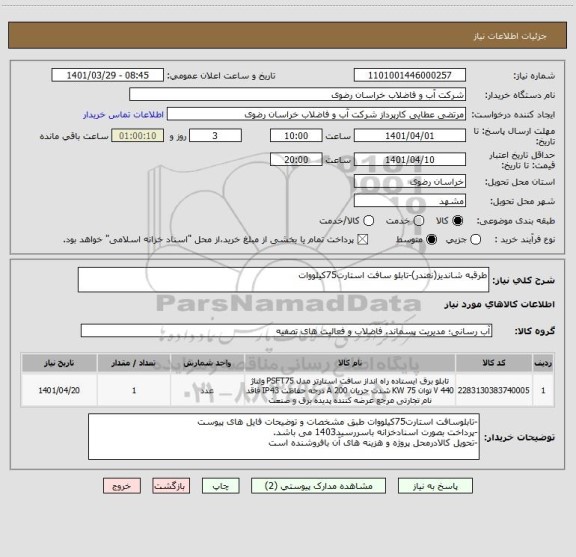 استعلام طرقبه شاندیز(نغندر)-تابلو سافت استارت75کیلووات
