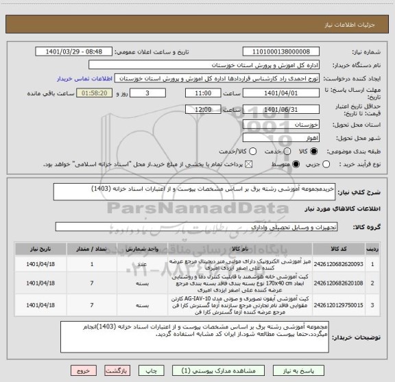 استعلام خریدمجموعه آموزشی رشته برق بر اساس مشخصات پیوست و از اعتبارات اسناد خزانه (1403)