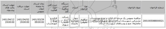 مناقصه، مناقصه عمومی یک مرحله ای قرائت و توزیع صورتحساب مشترکین شهرستان لردگان شامل شهرهای لردگان، مالخلیفه، منج و روستاهای شهرستان لردگان