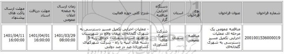مناقصه، مناقصه عمومی یک مرحله ای عملیات اجرایی تکمیل مسیر دسترسی به شهرک گلخانه‌ای