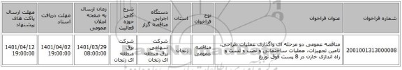 مناقصه، مناقصه عمومی دو مرحله ای واگذاری عملیات طراحی، تامین تجهیزات، عملیات ساختمانی و نصب و تست و راه اندازی خازن در 8 پست فوق توزیع