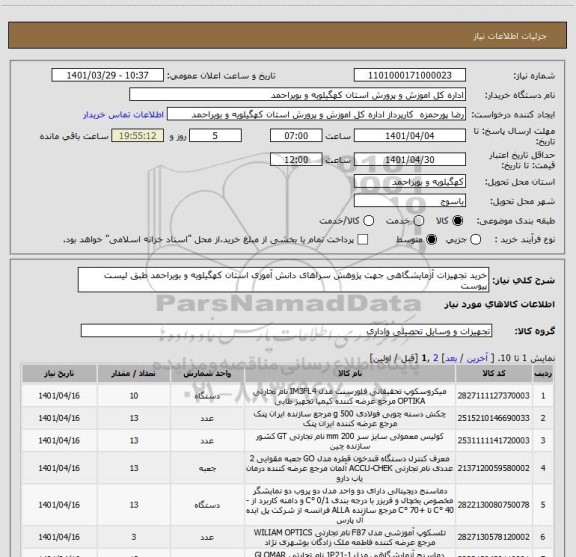 استعلام خرید تجهیزات آزمایشگاهی جهت پژوهش سراهای دانش آموزی استان کهگیلویه و بویراحمد طبق لیست پیوست