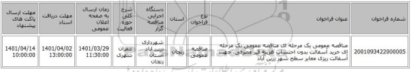 مناقصه، مناقصه عمومی یک مرحله ای مناقصه عمومی یک مرحله ای خرید آسفالت بدون احتساب هزینه قیر مصرفی، جهت آسفالت ریزی معابر سطح شهر زرین آباد