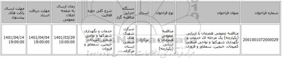 مناقصه، مناقصه عمومی همزمان با ارزیابی (یکپارچه) یک مرحله ای خدمات و نگهداری شهرکها و نواحی صنعتی کمیجان، خنجین، سمقاور و فروزان