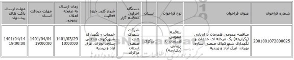 مناقصه، مناقصه عمومی همزمان با ارزیابی (یکپارچه) یک مرحله ای خدمات و نگهداری شهرکهای صنعتی ساوه، نوبران، غرق آباد و زرندیه