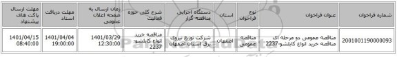 مناقصه، مناقصه عمومی دو مرحله ای مناقصه خرید انواع کابلشو-2237