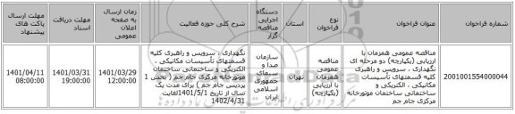 مناقصه، مناقصه عمومی همزمان با ارزیابی (یکپارچه) دو مرحله ای نگهداری ، سرویس و راهبری کلیه قسمتهای تأسیسات مکانیکی ، الکتریکی و ساختمانی ساختمان موتورخانه مرکزی جام جم