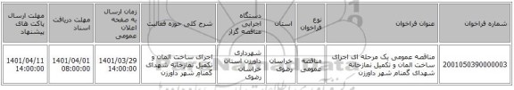 مناقصه، مناقصه عمومی یک مرحله ای اجرای ساخت المان و تکمیل نمازخانه شهدای گمنام شهر داورزن