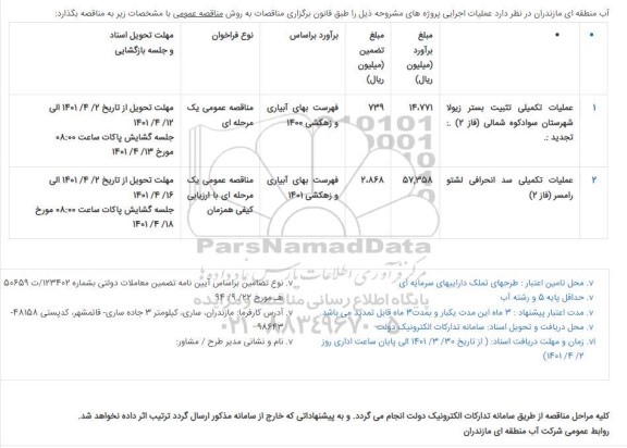 مناقصه عملیات تکمیلی تثبیت بستر....