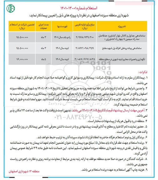استعلام ساماندهی جداول و کانال بلوار  ...
