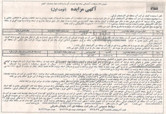 مزایده،مزایده صدور اذن استفاده از آب مخزن سد