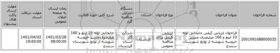 مناقصه، فراخوان ارزیابی کیفی جابجایی لوله 10 اینچ و 160 میلیمتری مسیر خروسه شویشه از توابع شهرستان سنندج