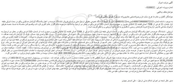 مزایده فروش  ششدانگ عرصه و اعیان یکدستگاه آپارتمان مسکونی 