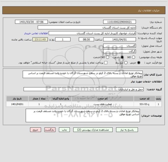 استعلام پیمانکار توزیع امانات و بسته بالای 2 کیلو در سطح شهرستان گرگان با خودرو وانت مسقف قیمت بر اساس توزیع موفق