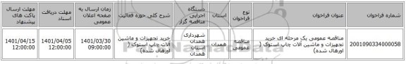 مناقصه، مناقصه عمومی یک مرحله ای خرید تجهیزات و ماشین آلات چاپ استوک ( اورهال شده)