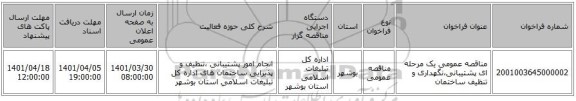 مناقصه، مناقصه عمومی یک مرحله ای پشتیبانی،نگهداری و تنظیف ساختمان