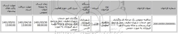 مناقصه، مناقصه عمومی یک مرحله ای واگذاری امور خدمات شهری-تنظیف، حمل و جمع آوری پسماند و نخاله وغیره شهر فیروزآباد به صورت حجمی