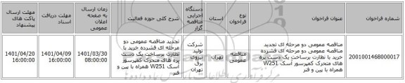 مناقصه، مناقصه عمومی دو مرحله ای تجدید مناقصه عمومی دو مرحله ای فشرده خرید با نظارت برساخت یک دست پره های متحرک کمپرسور آسک W251 همراه با پین و فنر