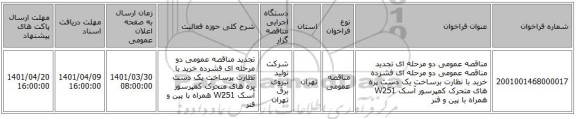 مناقصه، مناقصه عمومی دو مرحله ای تجدید مناقصه عمومی دو مرحله ای فشرده خرید با نظارت برساخت یک دست پره های متحرک کمپرسور آسک  W251 همراه با پین و فنر